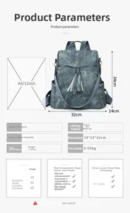 Size chart showing 34cm height PU leather backpack with A4 capacity and storage structure