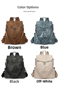 Large PU leather backpacks for women in brown, blue, black, and beige with tassels