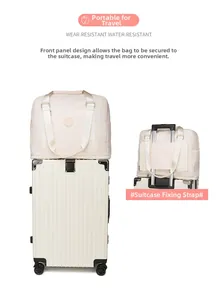 Detail showing the travel bag fixed on a suitcase handle via the back luggage sleeve strap