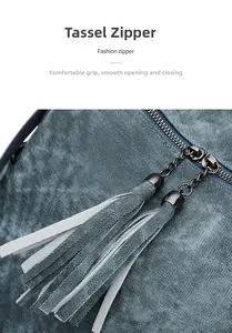 Detail of blue PU leather backpack featuring fashion double tassel zipper pulls