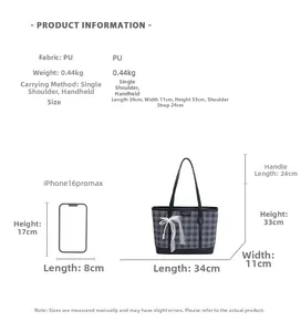 Detailed dimensions of plaid PU tote bag showing size comparison and 0.44kg weight