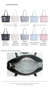 Detailed view of checkered tote interior with zip closure and diverse color options