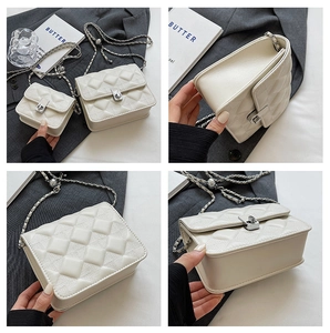 Detailed comparison of small and large white quilted handbags with chain straps and turn-locks