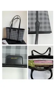 Detail of checkered tote bag showing spacious interior, leather logo, and neat stitching