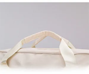 Close-up of padded webbing handles and reinforced stitching on travel bag
