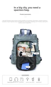Internal view of the blue-grey backpack showing its large capacity and daily essentials