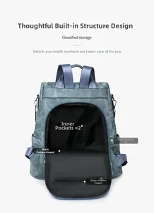 Detailed interior of blue textured backpack showing main pocket and multiple compartments
