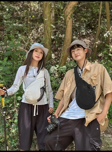 Outdoor leisure crossbody chest bags in black and beige nylon for hiking and travel