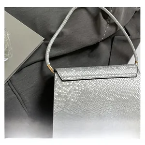Detail of silver snakeskin texture on rectangle flap handbag with metallic finish