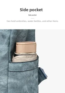Detail of the blue denim backpack side pocket storing a folding umbrella and water bottle