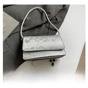 Detailed close-up of silver snake pattern handbag with textured leather and metal hardware