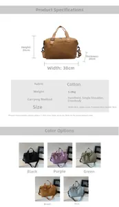 Detailed spec chart for 38cm lightweight travel bag showing size, weight, and colors