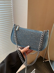 Women Denim Rhinestone Crossbody Bag Small Square Underarm Bag With Silver Chain Strap Y2K Fashion Shoulder Bag For Party Daily