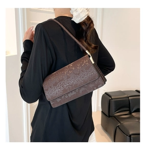 Close-up of brown snake pattern shoulder bag with golden metal rectangular buckle details
