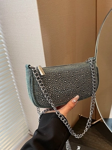 Sparkling denim crossbody bag with silver rhinestones and chain strap for women