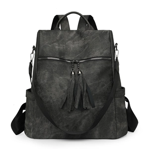 Front detail of dark grey vintage backpack featuring double tassel zippers and retro texture