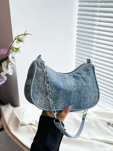 Women Denim Underarm Bag Metal Chain Bow Print Crescent Hobo Bag Vintage PU Fabric Single Shoulder Bag Fashion Streetwear Handbag