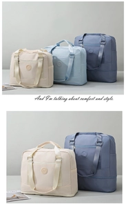 Detail showing high-capacity travel bags in cream, light blue, and navy waterproof fabric