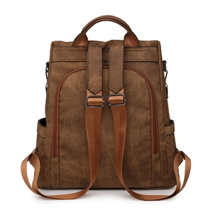 Detail view of the brown backpack rear with anti-theft zipper pocket and mesh straps