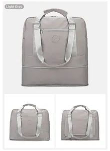 Detailed views of light grey travel bag showing expandable capacity and back sleeve feature