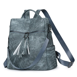 Detail of vintage blue textured backpack showing tassel zippers and adjustable straps