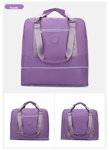 Purple travel bag detail showing the waterproof fabric and bottom expansion zipper