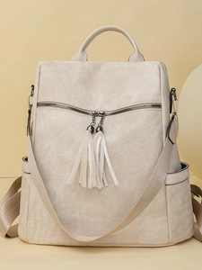 Minimalist beige PU leather backpack with tassel zipper detail and spacious side pockets