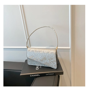 Detail of silver snake skin texture on small handbag with asymmetric flap design