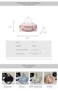 Infographic showing dimensions 44x22x23cm and four colors for this canvas travel bag