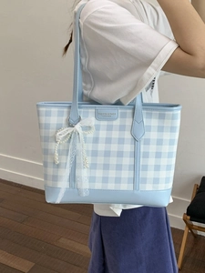 Blue and white checkered tote bag with lace pearl charm and leather fashion label