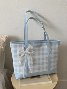 Chic blue plaid tote bag with lace bow and pearl pendant, stylish summer shoulder handbag
