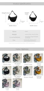 Detailed size chart for large and small canvas dumpling bags with dimensions and colors