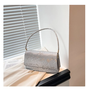 Detailed view of silver snakeskin embossed crossbody bag with elegant gold hardware buckles
