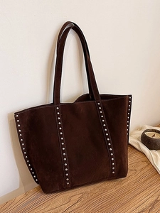 Brown suede tote bag with silver rivets and large capacity shoulder straps for women