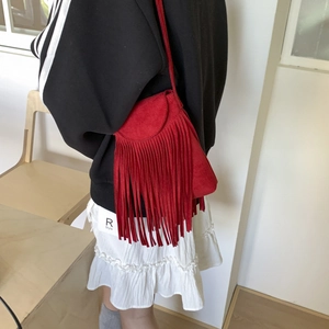 Retro red matte crossbody bag with bohemian fringes and stylish square design