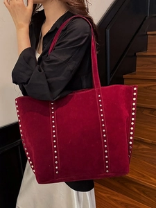 Chic burgundy suede tote bag with silver rivets and vintage large capacity design