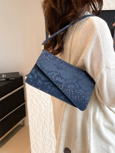 Navy blue snake embossed leather small square crossbody bag with gold metal accents