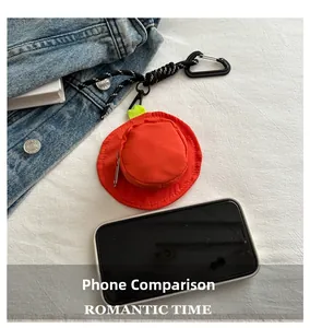 Detailed view of mini red hat coin purse with carabiner and zipper for earphones