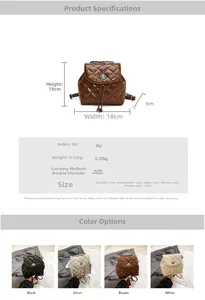 Detailed size specifications and color options for the quilted faux leather backpack
