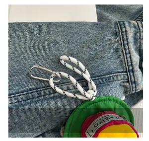 Detail of a hat-shaped multi-color nylon mini pouch with a metal carabiner and zipper