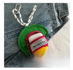Detail view of colorful hat-shaped earbud pouch with zipper and carabiner clip