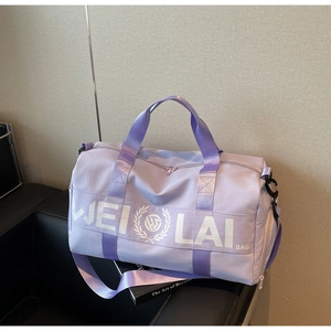 Detailed view of light purple gym bag with WEILAI logo and side zipper compartment