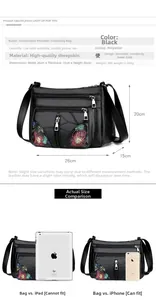 Detail view of black sheepskin bag with floral embroidery and multi-pocket design