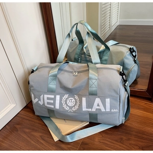 Blue travel duffel bag with WEI LAI logo shown in a home interior with a full-length mirror