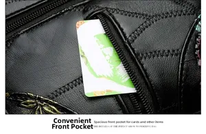 Macro view of black litchi pattern leather bag with functional front zipper pocket and stitching