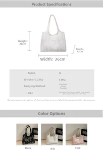 Detailed size chart showing dimensions for this large fabric tote shoulder handbag