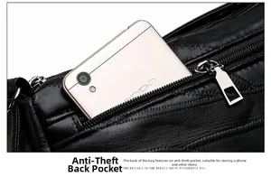 Detail of black pebbled leather bag featuring a secure back anti-theft zipper pocket