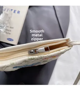Close-up of smooth silver metal zipper on white floral embroidery handbag with blue patterns
