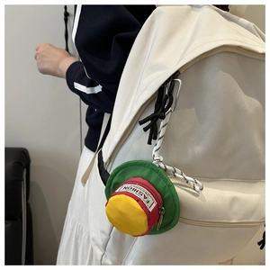 Mini hat storage pouch with metal carabiner attached to a backpack as a portable accessory
