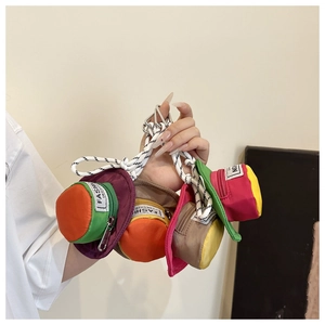 Close-up of mini hat-shaped pouches with colorful nylon fabric and fashion tags